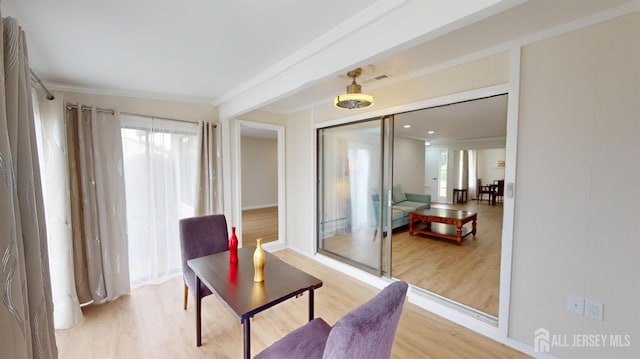 interior space featuring light wood finished floors and ornamental molding