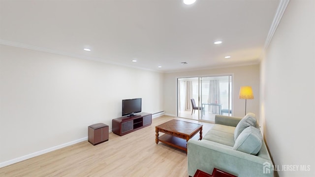 living area featuring ornamental molding, recessed lighting, light wood-style floors, a baseboard radiator, and baseboards