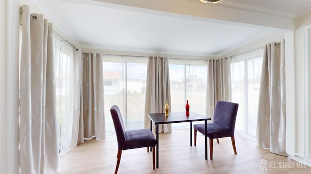 dining room featuring ornamental molding and light wood finished floors