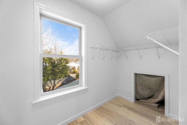 spacious closet with vaulted ceiling and hardwood / wood-style flooring