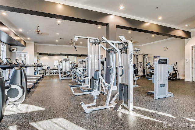 exercise room with baseboards, ornamental molding, and recessed lighting