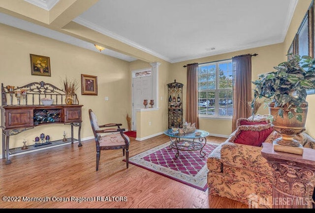 living area featuring ornamental molding, wood finished floors, decorative columns, and baseboards