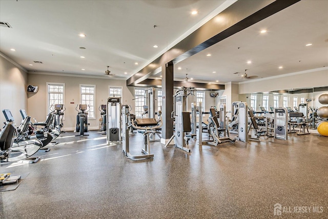 exercise room featuring ornamental molding, recessed lighting, and baseboards