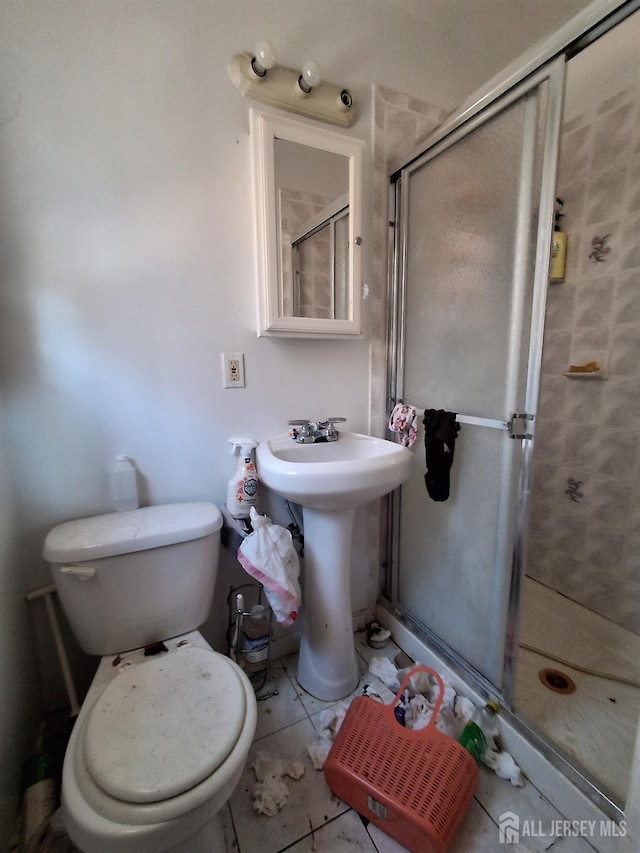 bathroom with a sink, toilet, and a shower stall