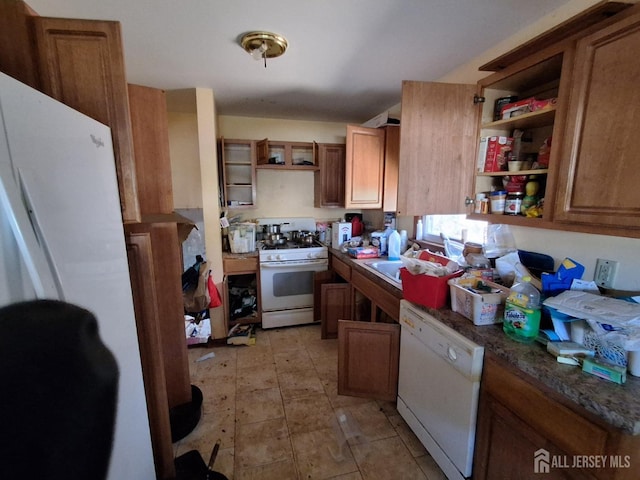 kitchen featuring brown cabinets, open shelves, white appliances, and a sink