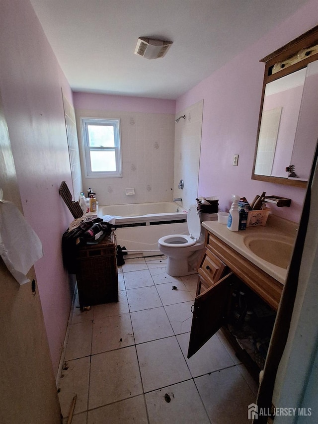 bathroom featuring vanity, visible vents, toilet, tile patterned floors, and shower / bathing tub combination