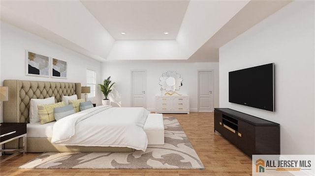 180 River Rd, Monroe, NJ 08831 - bedroom featuring wood finished floors, a tray ceiling, and recessed lighting