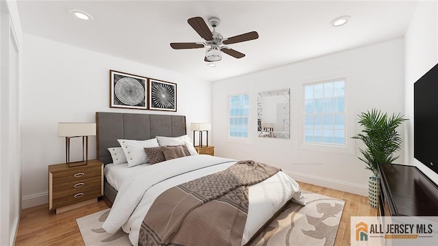 180 River Rd, Monroe, NJ 08831 - bedroom with light wood-style floors, recessed lighting, and a ceiling fan