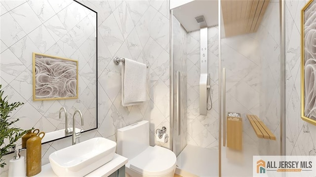 180 River Rd, Monroe, NJ 08831 - full bath with tile walls, a marble finish shower, vanity, and tasteful backsplash