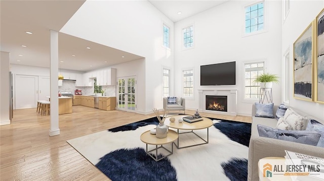 180 River Rd, Monroe, NJ 08831 - living room with light wood-style flooring, plenty of natural light, a fireplace with flush hearth, a high ceiling, and recessed lighting