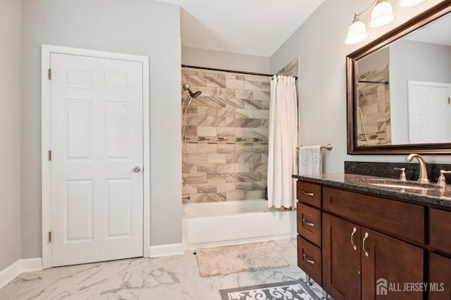 179 Sunshine Dr, Piscataway, NJ 08854 - full bath with marble look tile flooring, shower / bath combo with shower curtain, and vanity