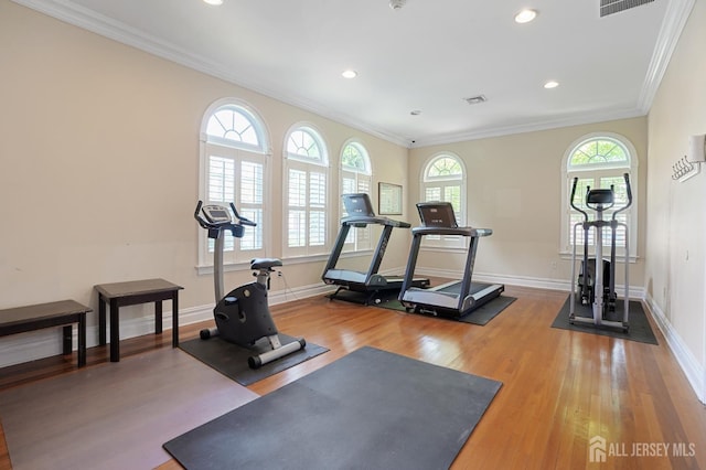 179 Sunshine Dr, Piscataway, NJ 08854 - workout area featuring wood finished floors, ornamental molding, and recessed lighting