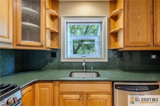 3 Revock Rd, East Brunswick, NJ 08816 - kitchen with appliances with stainless steel finishes, open shelves, a sink, and dark countertops