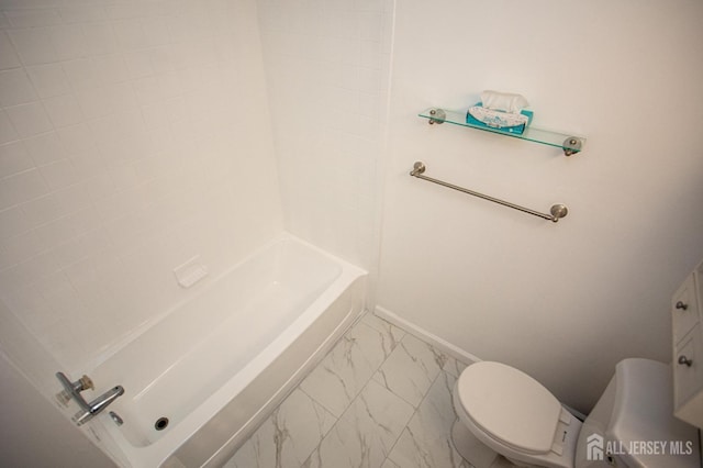 bathroom with marble finish floor, toilet, and baseboards