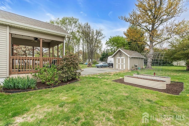 82 Hauser Ave, Hamilton, NJ 08620 - view of grassy yard featuring a storage unit and ceiling fan