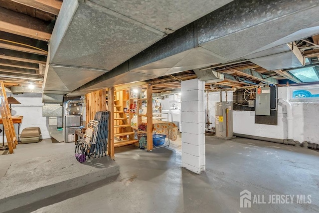 82 Hauser Ave, Hamilton, NJ 08620 - unfinished basement with water heater, electric panel, heating unit, and washing machine and clothes dryer