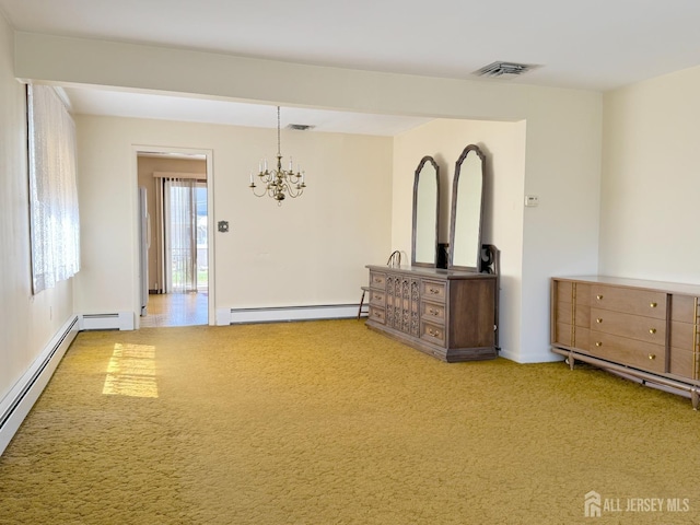 unfurnished room with baseboard heating, carpet floors, and a chandelier
