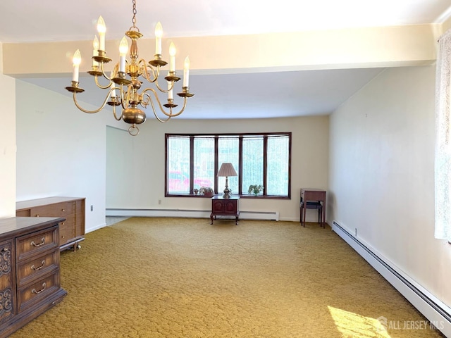 carpeted empty room with a baseboard radiator, a chandelier, and baseboards