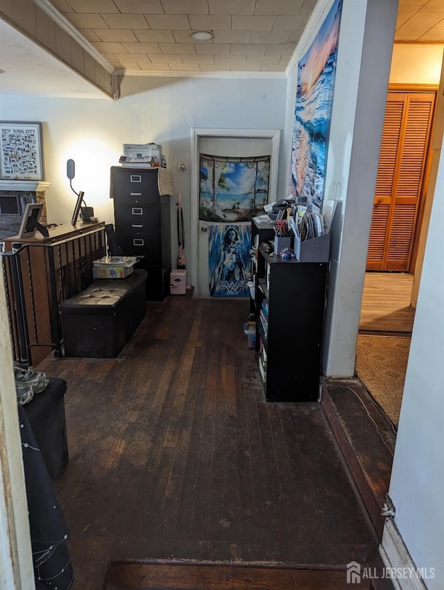 hall with crown molding and dark wood-style flooring