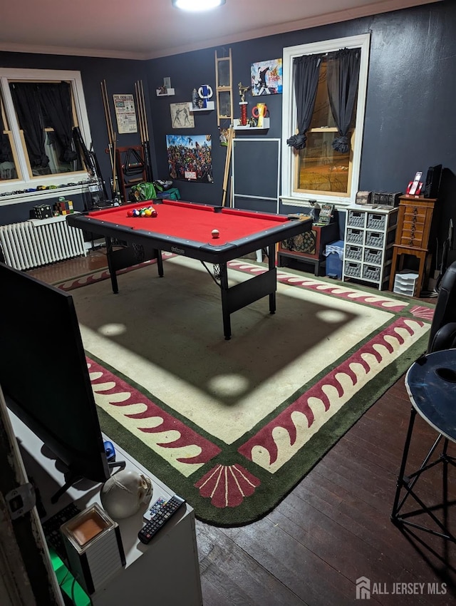 rec room featuring wood-type flooring, billiards, and ornamental molding