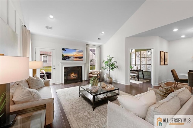15 Galerie Ct, Monroe, NJ 08831 - living room featuring plenty of natural light, wood finished floors, recessed lighting, a warm lit fireplace, and high vaulted ceiling