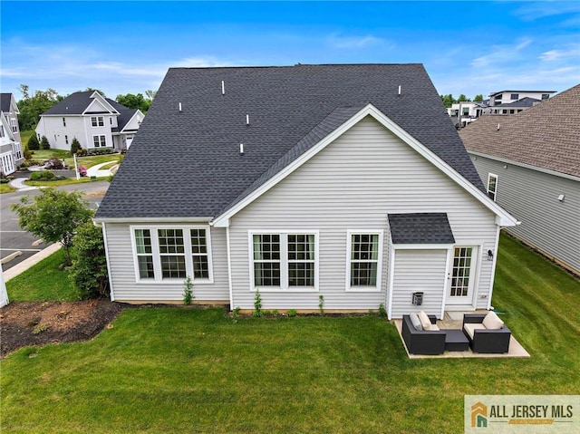 15 Galerie Ct, Monroe, NJ 08831 - rear view of house featuring outdoor lounge area, a lawn, a shingled roof, a patio, and a residential view