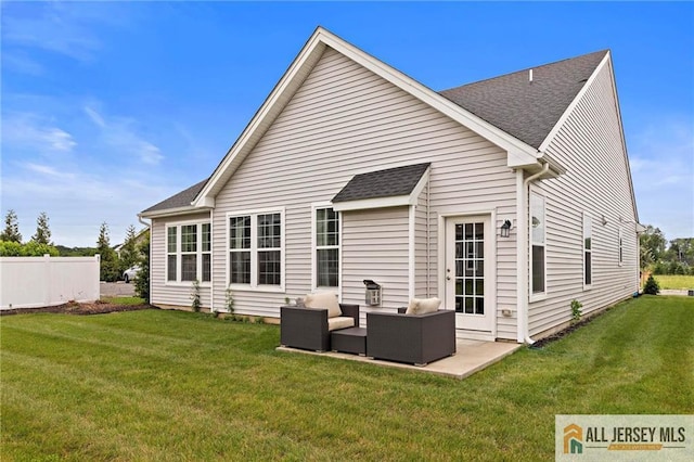 15 Galerie Ct, Monroe, NJ 08831 - rear view of house featuring a shingled roof, an outdoor hangout area, and a patio
