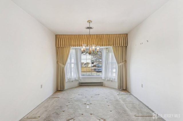 unfurnished dining area with a notable chandelier, carpet, and a baseboard radiator