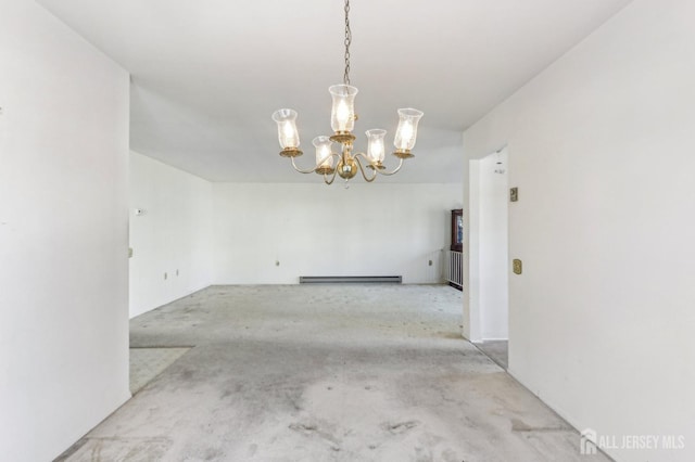 unfurnished dining area with a notable chandelier and baseboard heating