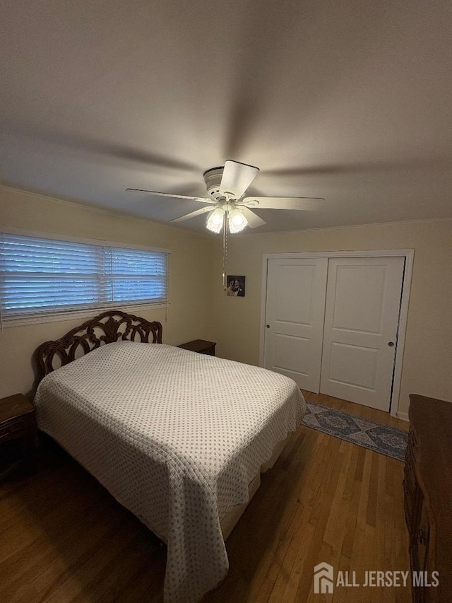 bedroom featuring a closet, ceiling fan, and wood finished floors