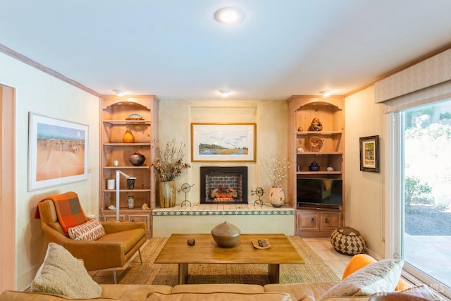 interior space featuring crown molding and built in features