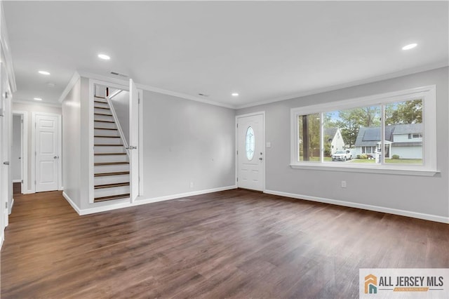 1092 Woodruff St, Iselin, NJ 08830 - foyer featuring ornamental molding, stairs, dark wood-style flooring, baseboards, and recessed lighting