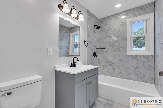 1092 Woodruff St, Iselin, NJ 08830 - bathroom with marble finish flooring, toilet, shower / bathtub combination, vanity, and recessed lighting