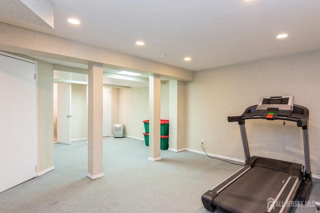 exercise room featuring recessed lighting, baseboards, and carpet flooring