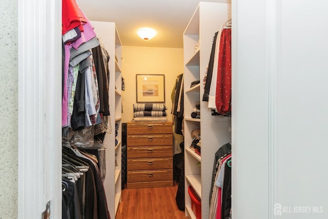 walk in closet with wood finished floors