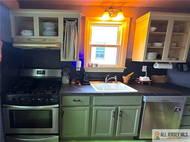 21 Alexander St, New Brunswick, NJ 08901 - kitchen with stainless steel appliances, under cabinet range hood, a sink, and green cabinets