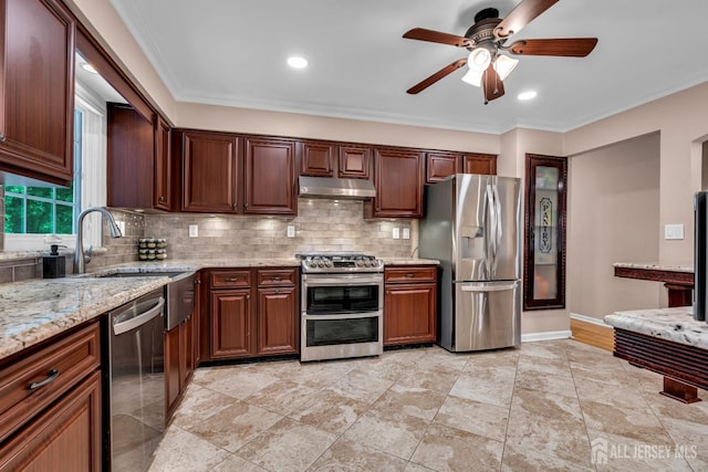 230 New Rd, South Brunswick, NJ 08852 - kitchen with appliances with stainless steel finishes, a ceiling fan, under cabinet range hood, backsplash, and ornamental molding