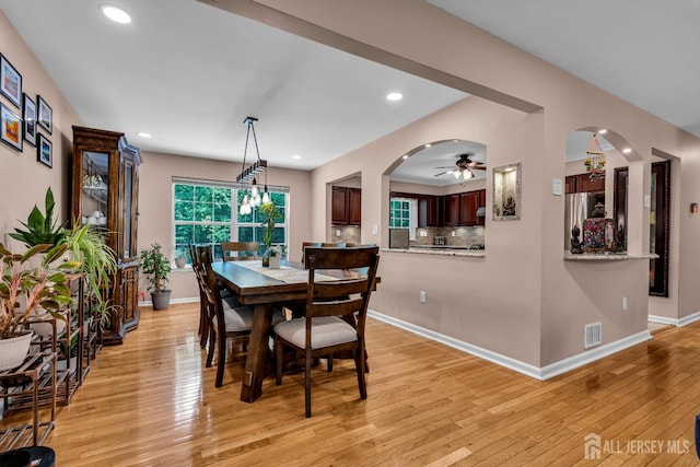 230 New Rd, South Brunswick, NJ 08852 - dining space with arched walkways, light wood finished floors, recessed lighting, healthy amount of natural light, and a ceiling fan