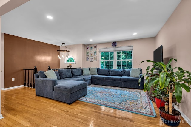 230 New Rd, South Brunswick, NJ 08852 - living room with wood-type flooring, a chandelier, and recessed lighting