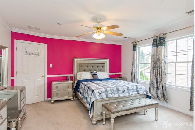 63 Clinton Ave, Keasbey, NJ 08832 - bedroom featuring ornamental molding, light carpet, and a ceiling fan