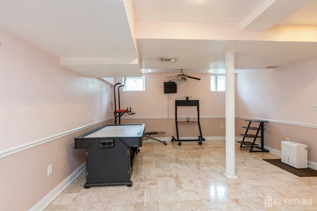 63 Clinton Ave, Keasbey, NJ 08832 - game room with a ceiling fan, plenty of natural light, and marble finish flooring