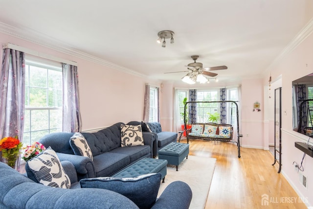 63 Clinton Ave, Keasbey, NJ 08832 - living room with healthy amount of natural light, light wood-style flooring, a ceiling fan, and crown molding