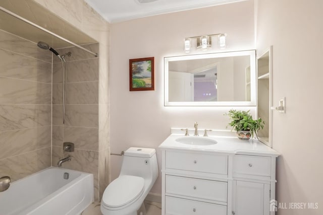 bathroom featuring toilet,  shower combination, vanity, and crown molding