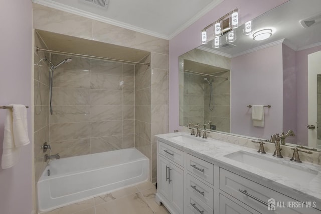 full bath featuring a sink, double vanity, ornamental molding, and shower / washtub combination