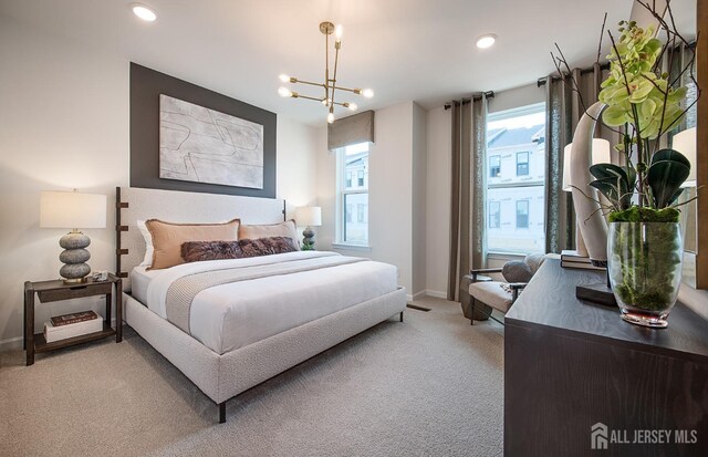 1314 Parker Blvd, West Windsor, NJ 08550 - bedroom featuring light colored carpet, baseboards, a chandelier, and recessed lighting