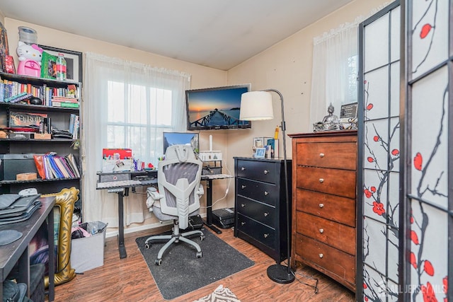 office space with vaulted ceiling and wood finished floors