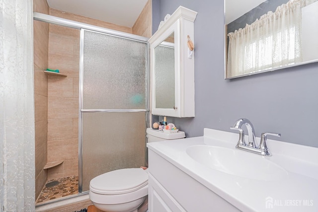 bathroom featuring vanity, a shower stall, and toilet