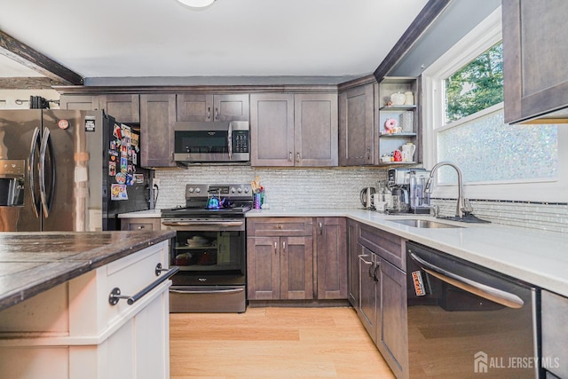 kitchen featuring stainless steel appliances, backsplash, a sink, dark brown cabinetry, and light wood-type flooring