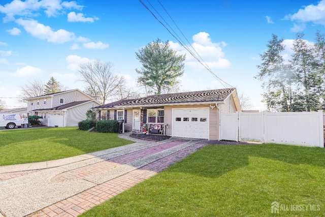 view of front facade featuring a garage, a front yard, fence, and driveway