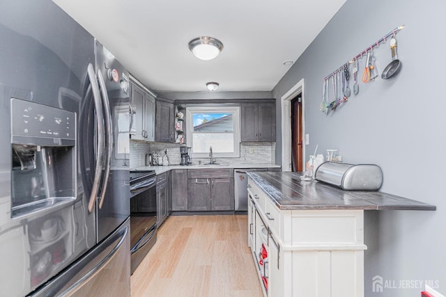 kitchen with a sink, appliances with stainless steel finishes, light wood finished floors, dark countertops, and tasteful backsplash